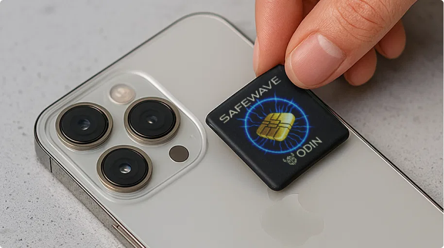 Close-up view of the ODIN SafeWave device providing protection.